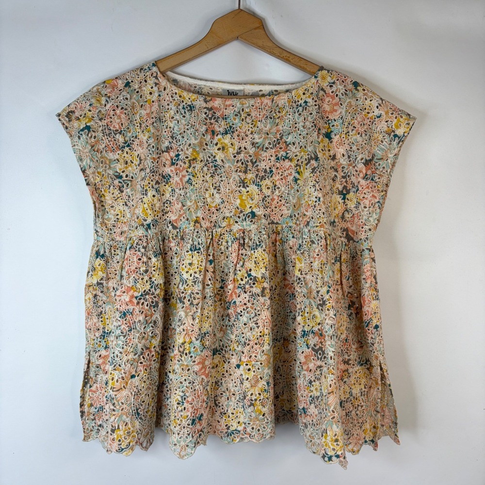 Ivy Jane Babydoll Top Womens M/L Multicolor Floral Eyelet Cotton Cottagecore